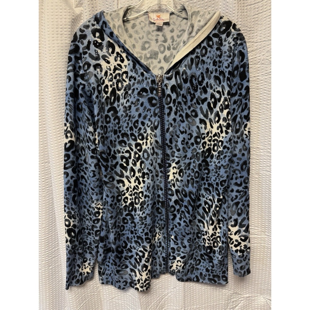 Quaker Factory Blue Leopard‎ Print Full Zip Up Hoodie Size M Sparkle Embellished
